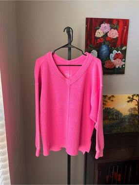 Aerie bright Hot Pink V-Neck Waffle Knit Sweater